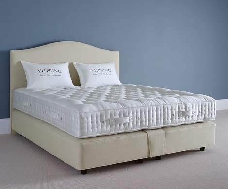 Vispring boxspring hoofdbord Clabon stof ivoor, licht gebogen,matras shetland,Divan Wool Prestige, mantle strook,Dirk Debbau